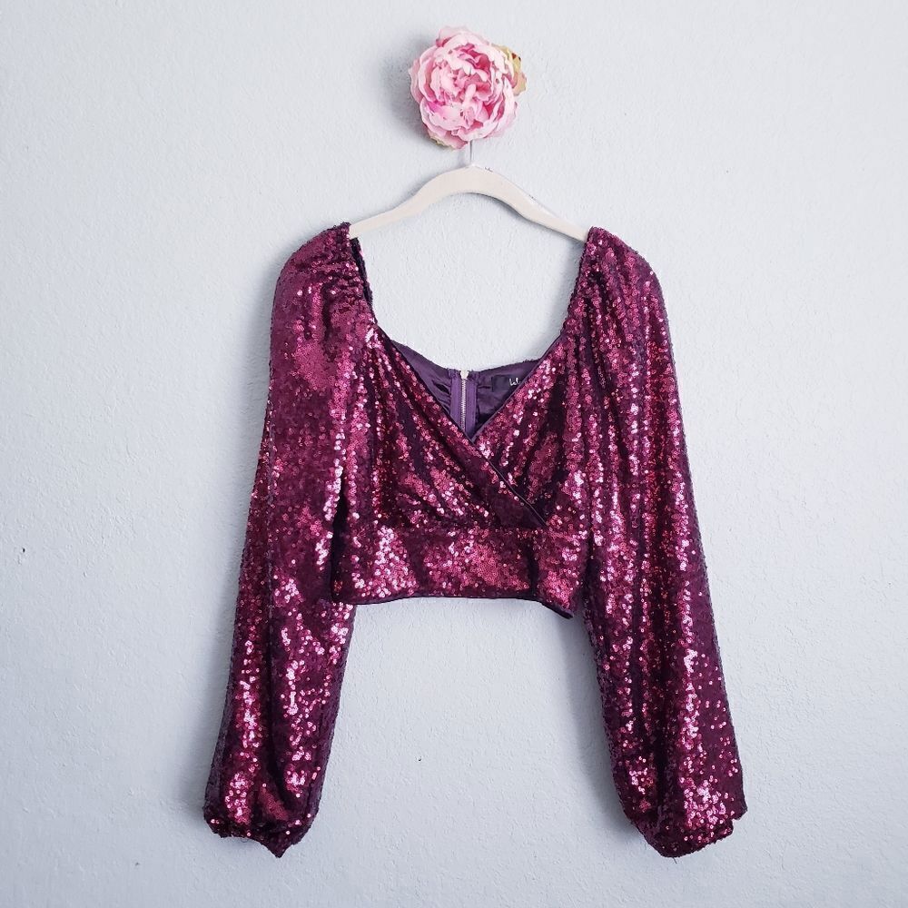Lulus Sequin of Events Purple Sequin Surplice Long Sleeve Crop Top